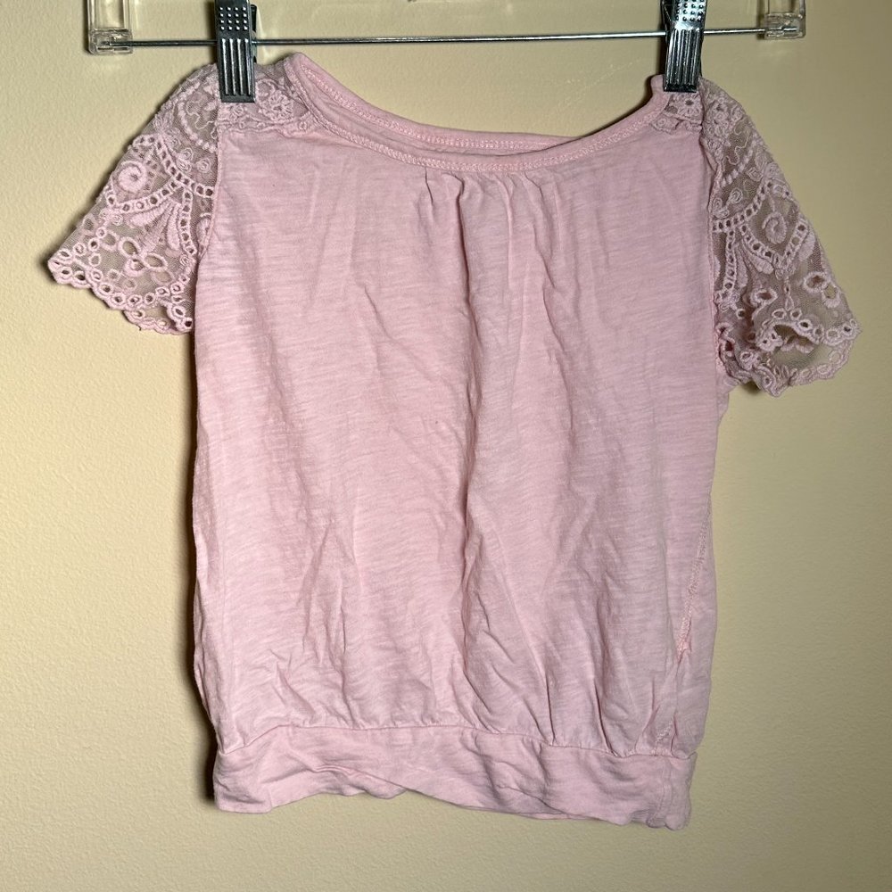 Girls Size 4-6 Pink Top with Lacey Sleeve Detailing